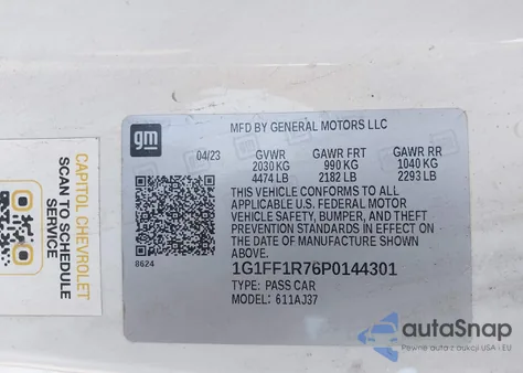 2023 Chevrolet Camaro Rwd Lt1 z USA, uszkodzony, nr VIN 1G1FF1R76P0144301